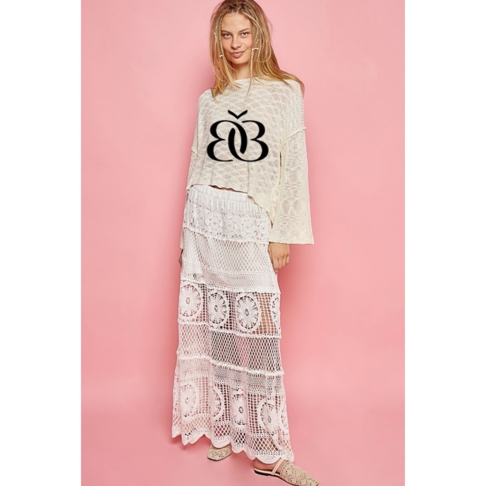 POL Off White Elastic Waist Crochet Flared Maxi Skirt - Picture 2 of 10